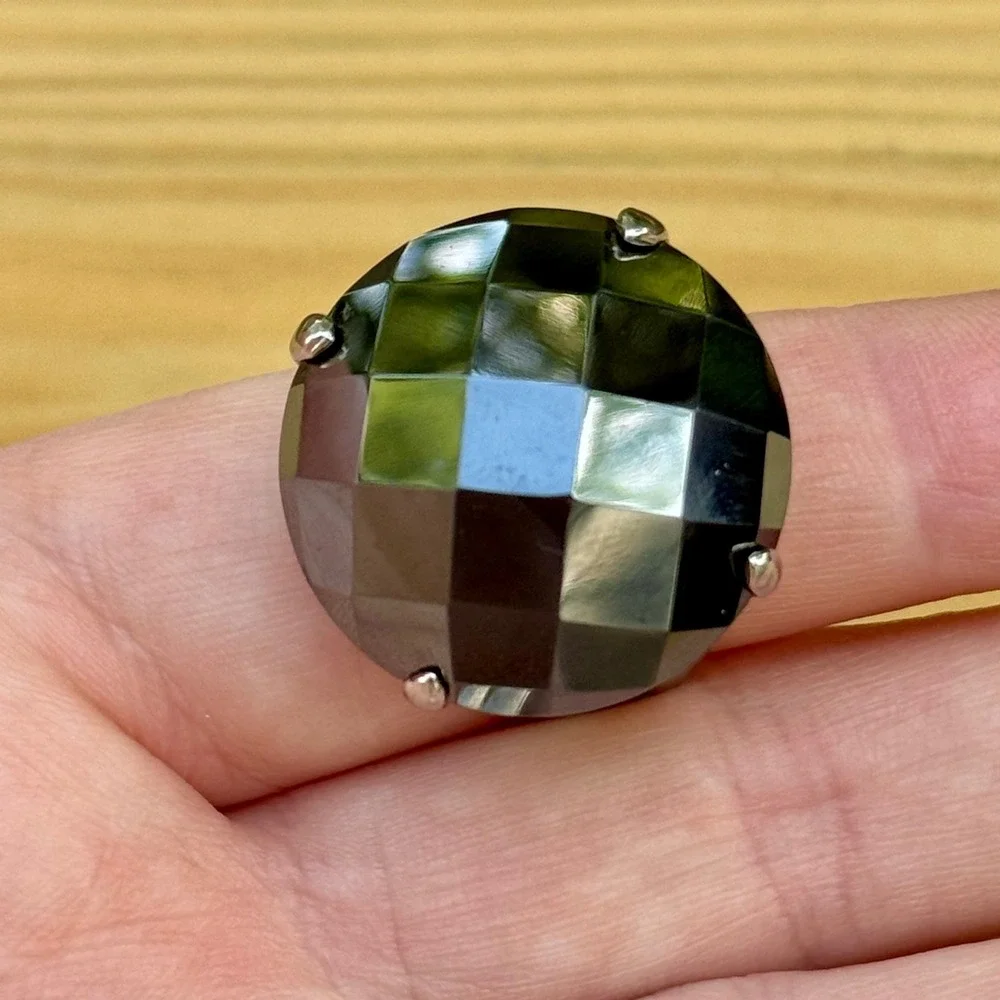 Milor China Silver Tone Hematite Checkerboard Faceted Round Cocktail Ring Size 9